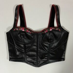 Black Leather ‘Flower Power’ Floral Corset Bustier Top Shirt Blouse Size S 🌸✨